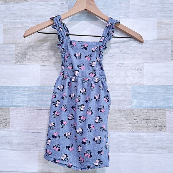 Disney Minnie Mouse Printed Chambray Ruffle Pinafore Dress Blue Apron Girl 5 - Picture 1 of 4